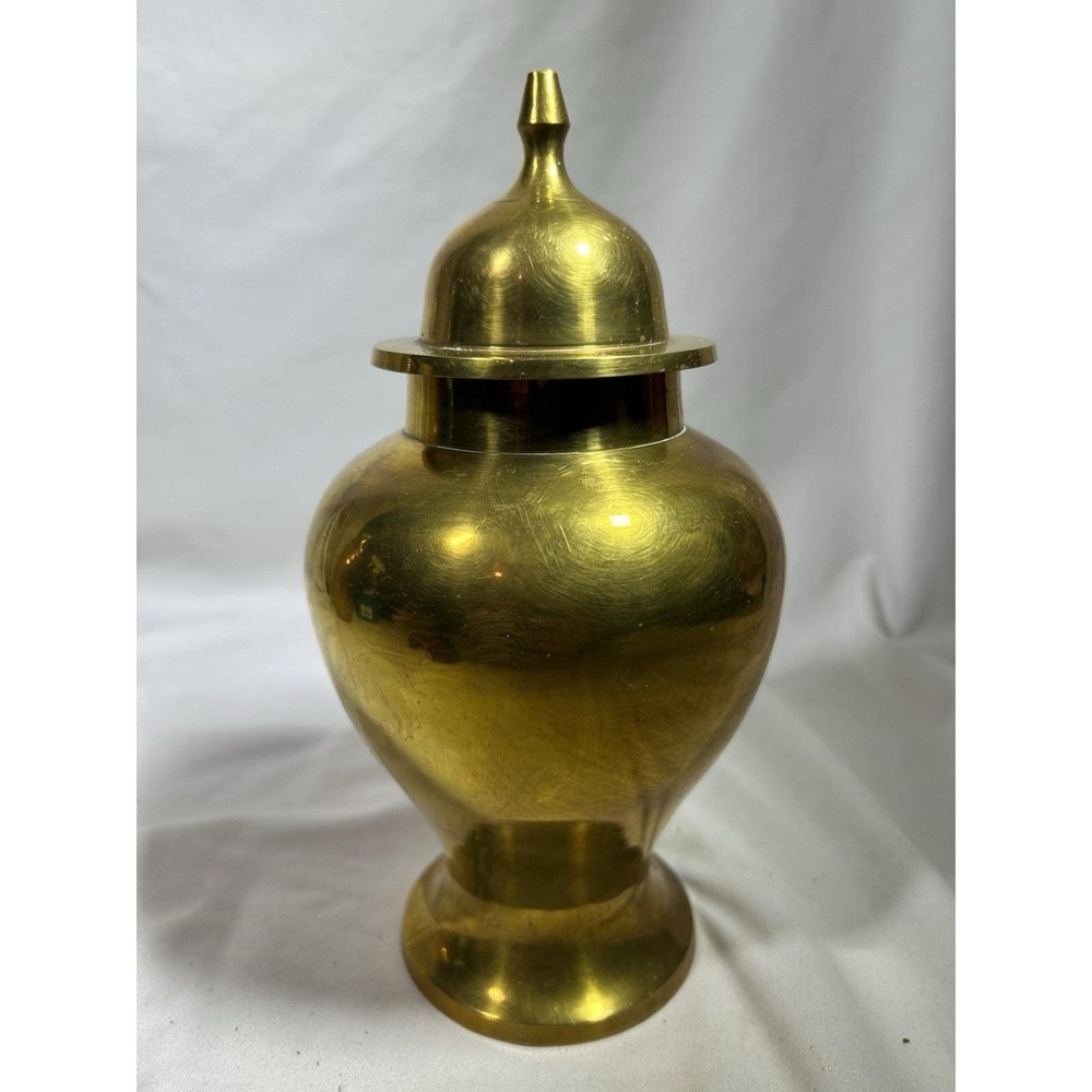 Vintage Solid Brass Lidded Ginger Jar MCM Mid Century Hollywood Regency Vessel